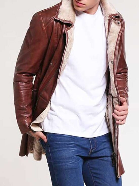 Men’s Shearling Mid-Length Brown Leather Coat